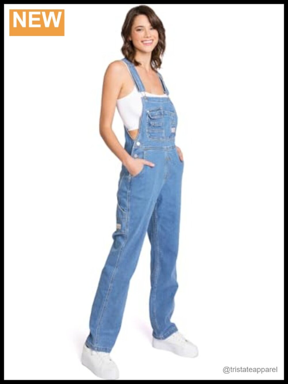 Stretchy Denim Straight-Leg Overalls Adjustable Racerback Workwear